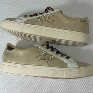 Hey Girl by Corky’s Beige Metallic Star StuddedSneakers with Leopard Print Laces